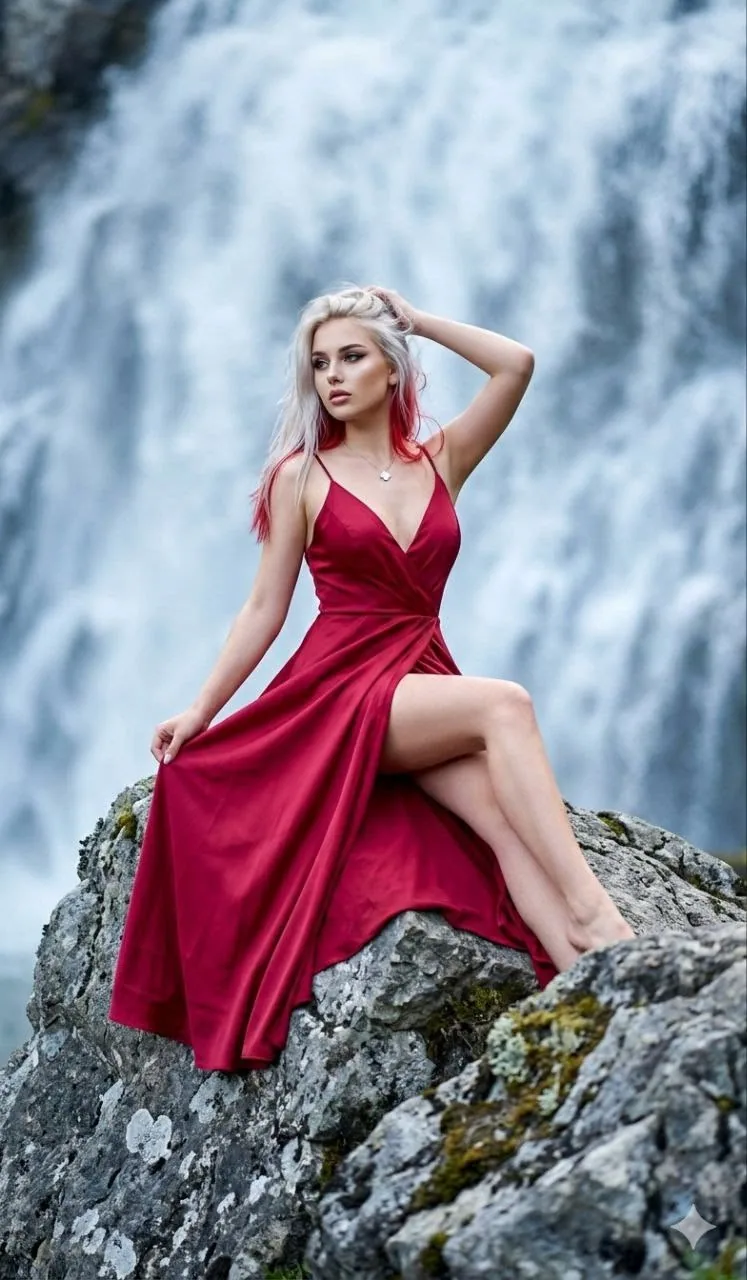 Алое платье у водопада
